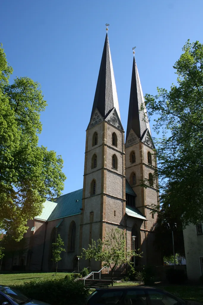 Towers of westwork of St. Mary's Church in Bielefeld, North Rhine-Westphalia, Germany