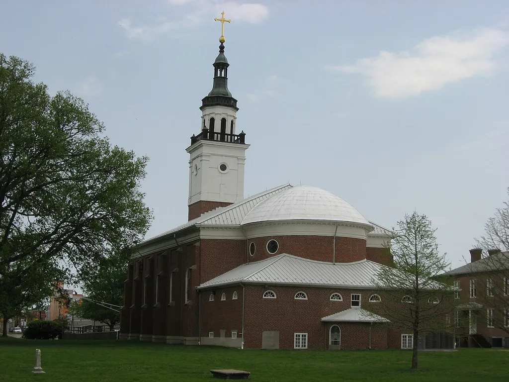 Rear of St. Francis Xavier Catholic Church, located along Church Street in Vincennes, Indiana, United States. Built in 1826 and once the cathedral for the Diocese of Vincennes, it is the core of the Old Cathedral Complex. The complex is listed on the National Register of Historic Places, and it is part of a Register-listed historic district, the Vincennes Historic District.