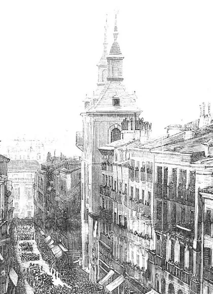 Madrid, entierro de Zorrilla, paso de la fúnebre comitiva por la calle de la Montera, en la revista La Ilustración Española y Americana.