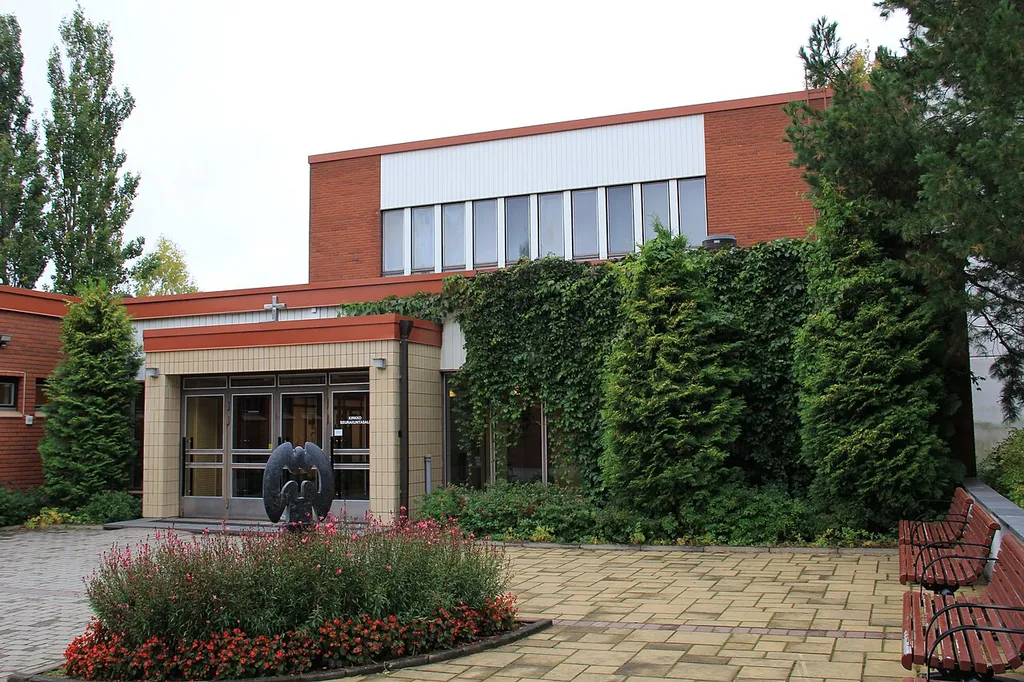 Puijo church, Kuopio, Finland. - Inner yard and main entrance.