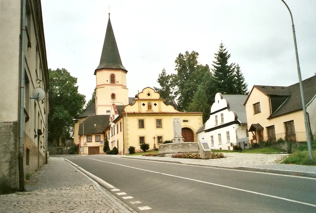 Nýrsko town in Klatovy district, Czech Republic. A view on the St Thomas church.
