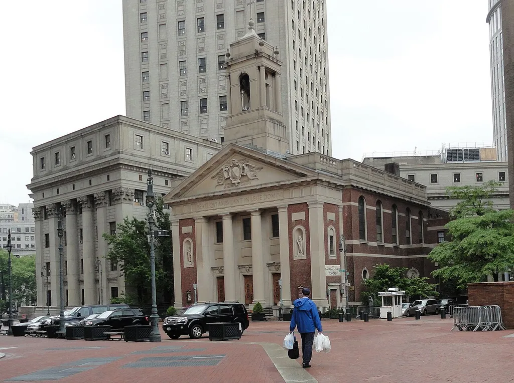 St. Andrew Church, New York, designed by Maginnis and Walsh with Robert J. Reiley. This is Maginis and Walsh's only church in New York City. At left, Thurgood Marshall United States Courthouse.