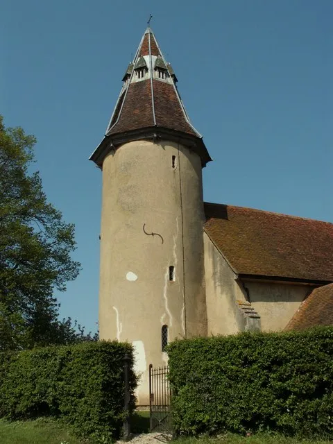 West tower Holy Innocents parish church, Lamarsh, Essex. This is one of only six churches in Essex with a round tower. The tower is Norman; the spire was added in 1869.