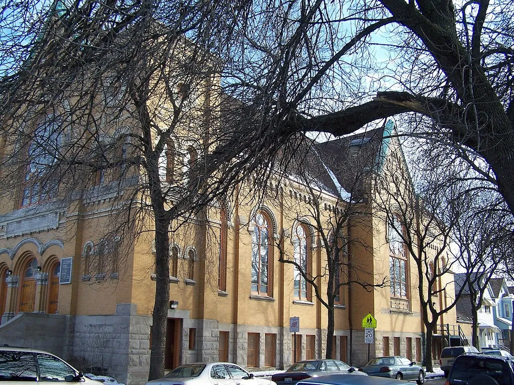 St John Berchman's Church. Looking southeast from the intersection of Maplewood and Logan Blvd. Photograph taken on January 11, 2004.