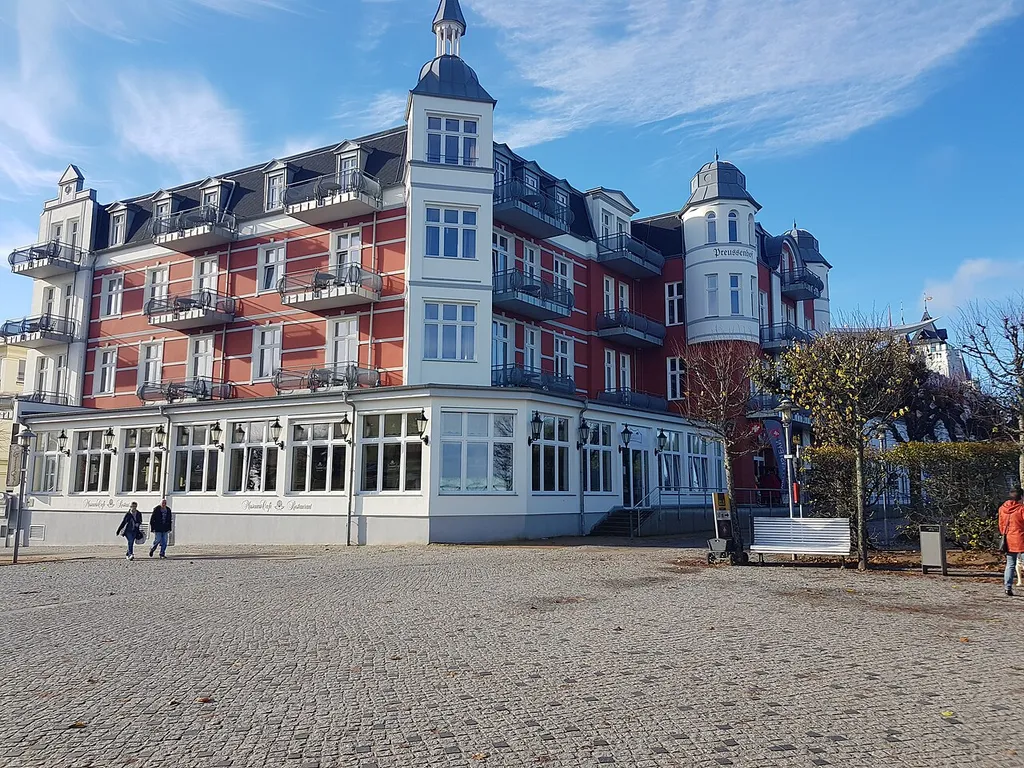Kurhaus Preussenhof in Zinnowitz (Usedom Island, Mecklenburg-Western Pomerania), view from the beach promenade, July 2024. Example of resort architecture (Bäderarchitektur).