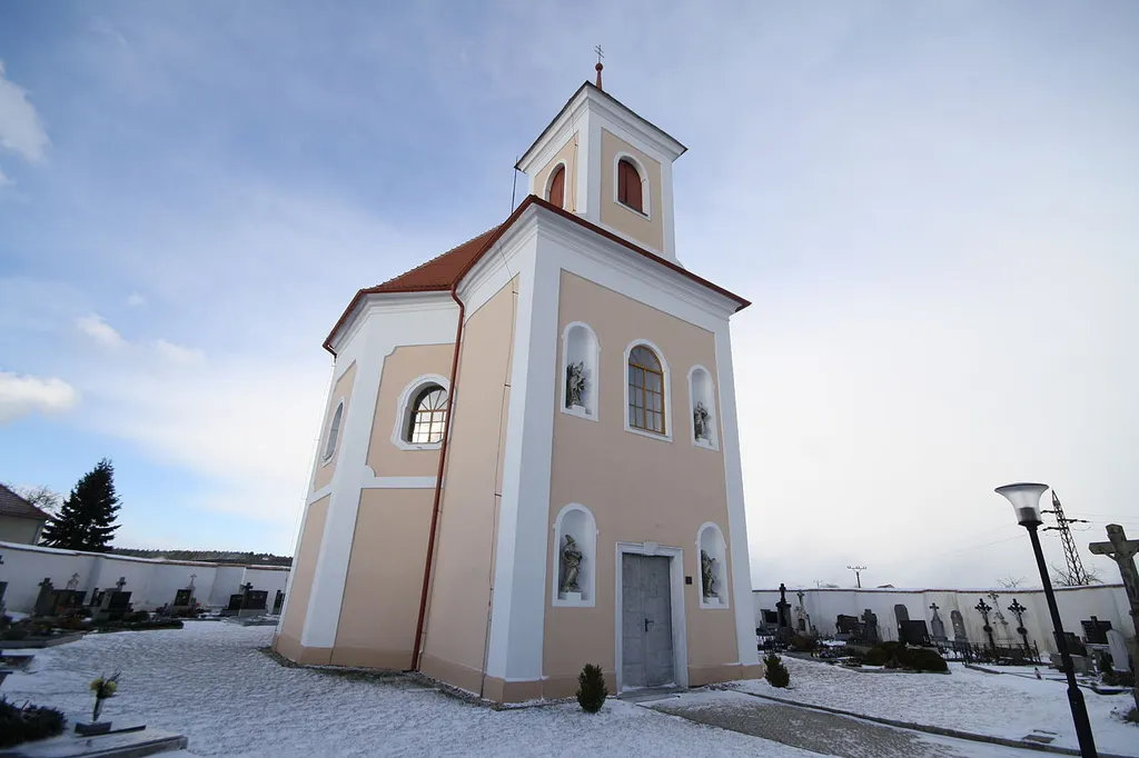 Winter overview of Church of Fourteen Holy Helpers in Radkovice u Hrotovic, Třebíč District.