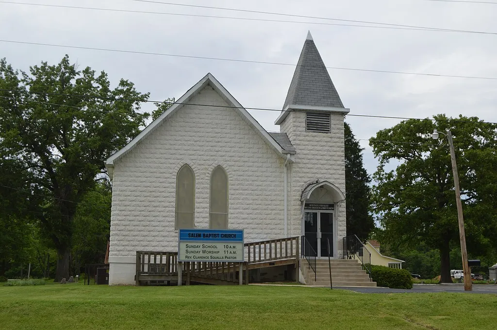 Front and eastern side of Salem Baptist Church, located at 2001 Seiler Road north of Alton in Foster Township, Madison County, Illinois, United States. Built in 1912, it is listed on the National Register of Historic Places.