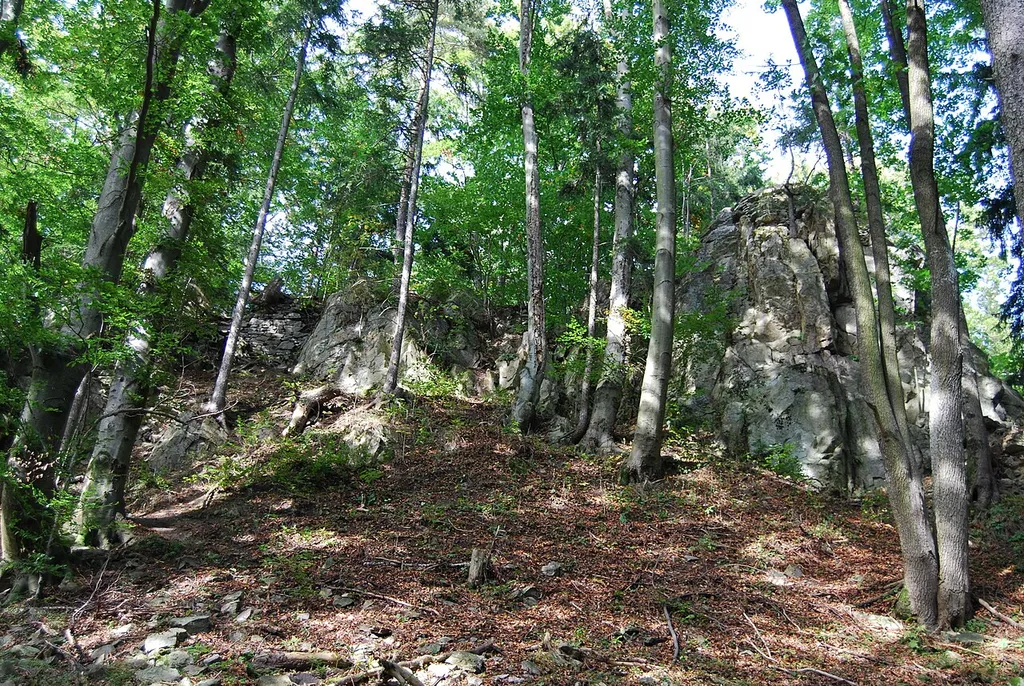 Ruins of Kuglvajt castle in Kuklev village town in Prachatice District, Czech Republic.
