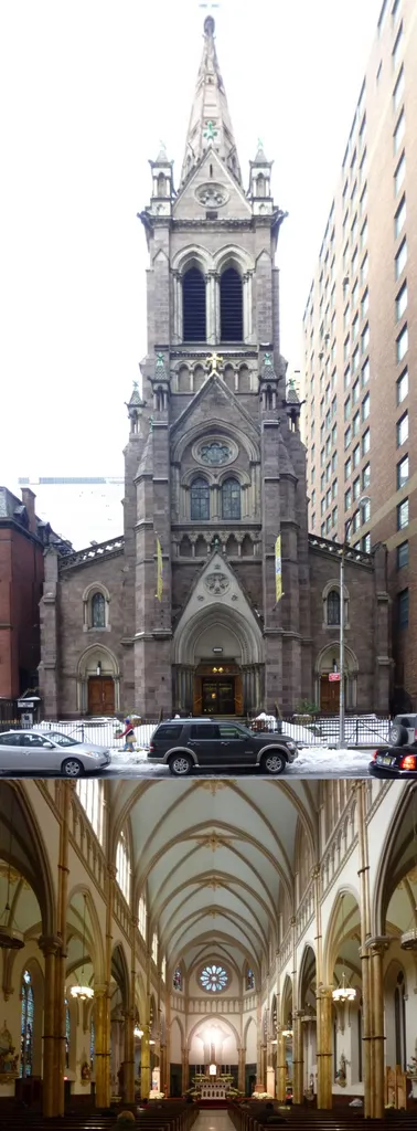 The Church of St. John the Baptist is a Roman Catholic parish church in the Roman Catholic Archdiocese of New York, located at 207 West 30th Street at Seventh Avenue, in Midtown Manhattan, New York City. It was established in 1840 and is staffed by the Capuchin Friars. The Gothic Revival church was built between 1871-1872 to the designs of Napoleon Le Brun.
