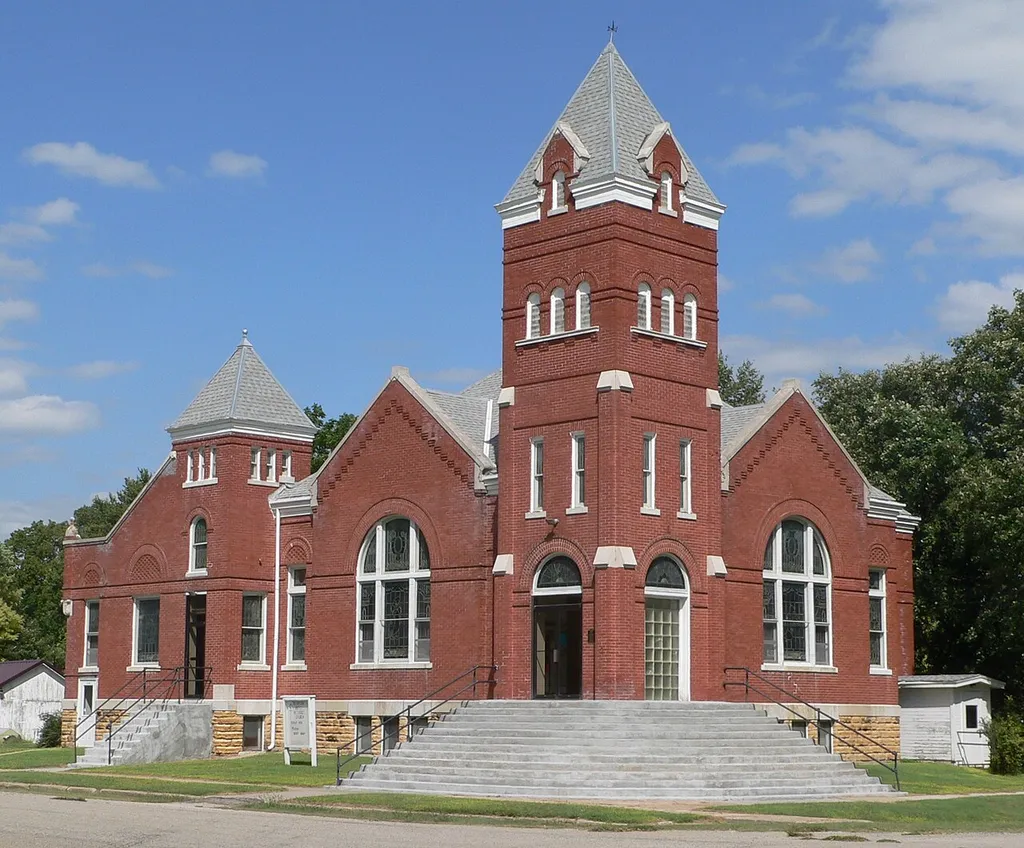 United Methodist Church in Burr Oak, Kansas; seen from the southwest.