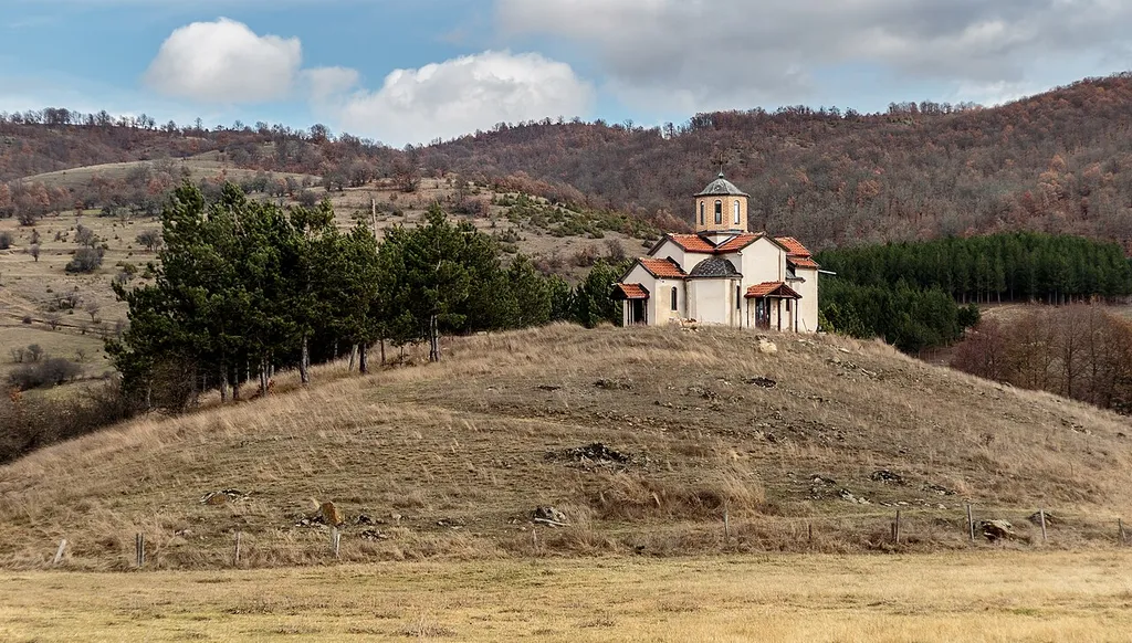 View of the newly built St. Elijah's Church in the village of Mitrašinci, Maleševija, Macedonia