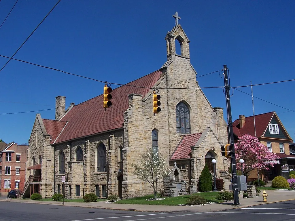 St Agatha Roman Catholic Church in Ellwood City, PA. Because of combination of parishes this church is rarely used and will probably be sold. This is a pleasant (and in 1918, a rather late) example of English Gothic Revival. Photo used as reference for pen &amp; ink drawing.