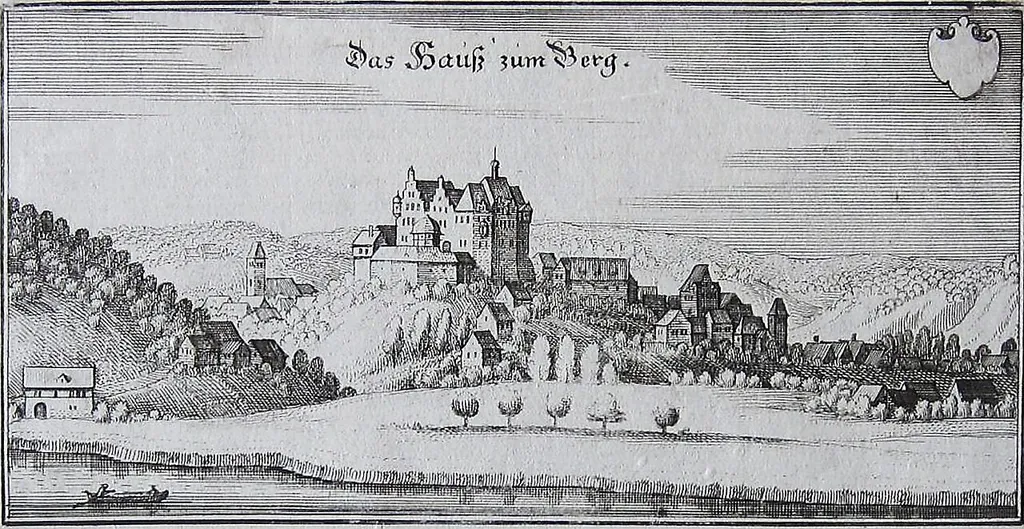 Ansicht der Schalksburg (Das Haus zum Berg) in Hausberge, Porta Westfalica. Kupferstich von Matthäus Merian um 1640.