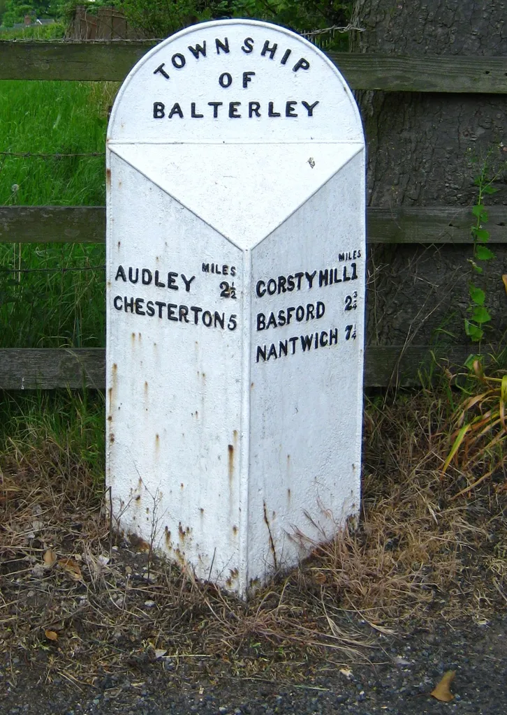 Milestone by the roadside in Staffordshire, England.