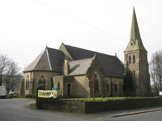 Former parish church of St Stephen, Grane Road, Three Lane Ends, Haslingden, seen from the east. The church was built in 1868 about half a mile away. It was moved to here in 1926 when its original site was to be flooded for the Ogden Reservoir. The building is now an antiques centre.