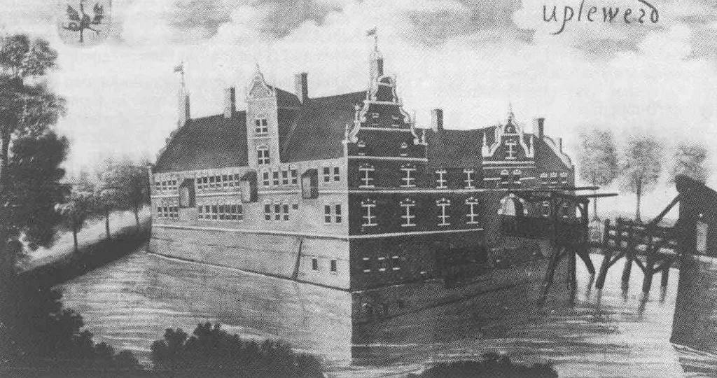 Burg Upleward. Öl auf Holz um 1600. Fotografische Reproduktion nach dem original im Besitz des Fürsten Knyphausen in Lütetsburg. Links oben das Wappen der Inn- und Knyphausen, rechts die Inschrift Uplewerd