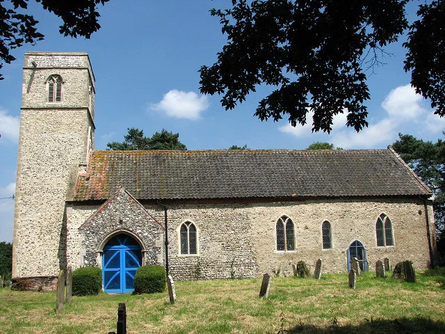 St Andrew's church. The village of Themelthorpe consists of a few farms and cottages, most situated along the main thoroughfare, called The Street. St Andrews church > 895556 - 895573 - 895575 - 895578 is set back from The Street and although it stands on an elevation it is so well concealed by the surrounding tall trees that it cannot be seen. A gated path > 895538 leads up to the church and one has to drive slowly (and to look closely) because it can easily be overlooked. St Andrew's is a 13th century building with parts of it being older than that, and despite a 19th century restoration the church has changed very little - the south porch is a later addition. There is no arch between nave and chancel and several benches have C15 poppy heads. A C16 brass is on the nave floor. The church is kept locked but a key is available on request. For more information see: http://www.norfolkchurches.co.uk/themelthorpe/themelthorpe.htm