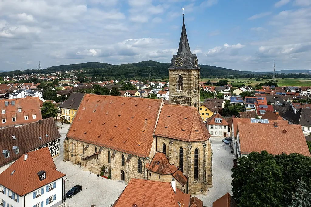 Aerial view of the Catholic Parish Church of St. Kilian in Hallstadt