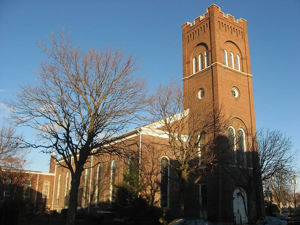 Front and northwestern side of First Presbyterian Church, located on the northern corner of the intersection of Franklin and Walnut Streets in Troy, Ohio, United States. Built in 1859, it is listed on the National Register of Historic Places. Church website.