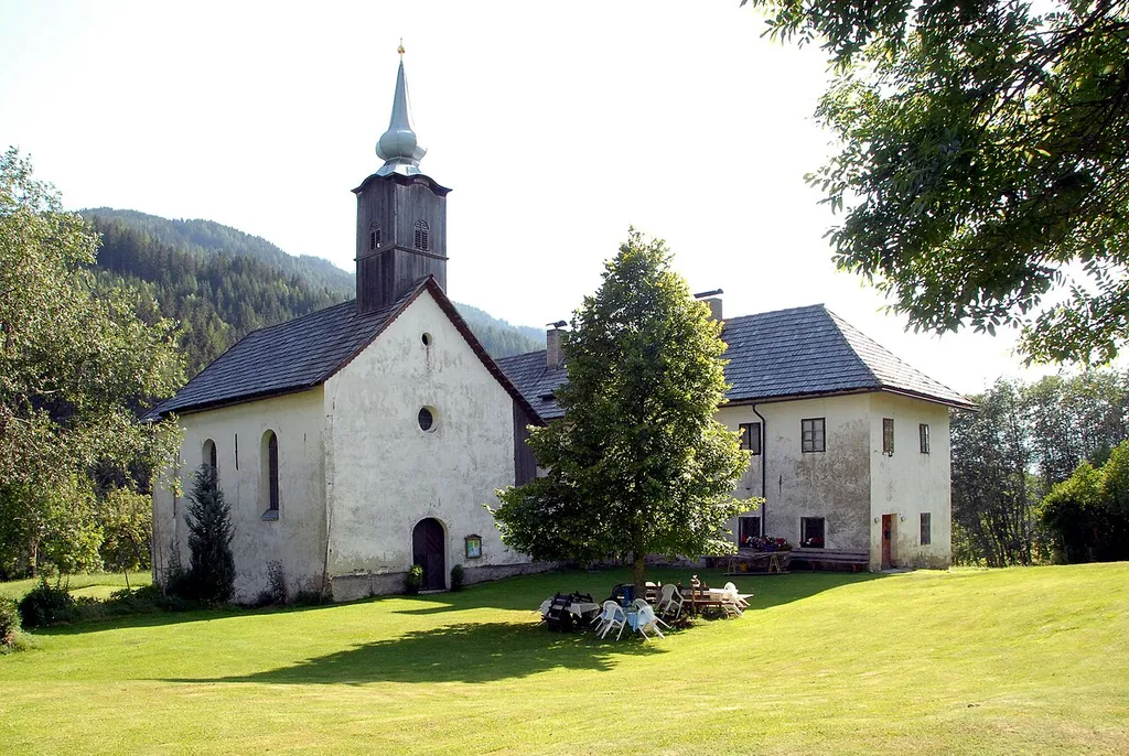 Parish church Holy Cross and the former hospice (Kloesterle) in Innerteuchen, municipality Arriach, district Villach Land, Carinthia, Austria, EU