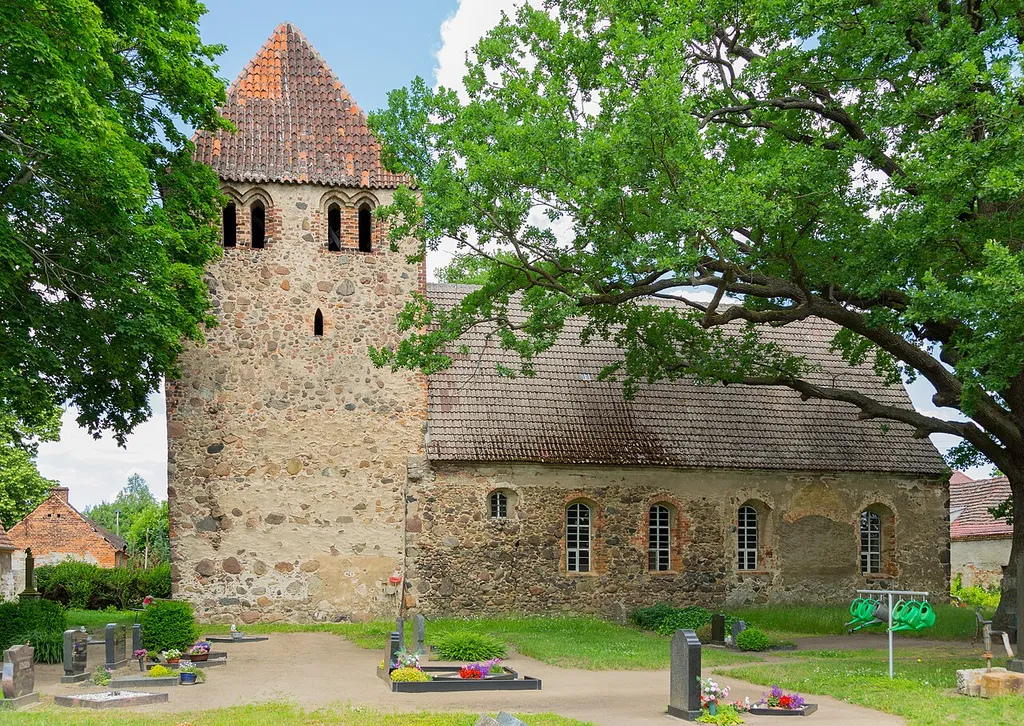 The Protestant village church of Willmersdorf-Stöbritz, a city district of Luckau, Landkreis Dahme-Spreewald, Brandenburg, Germany.