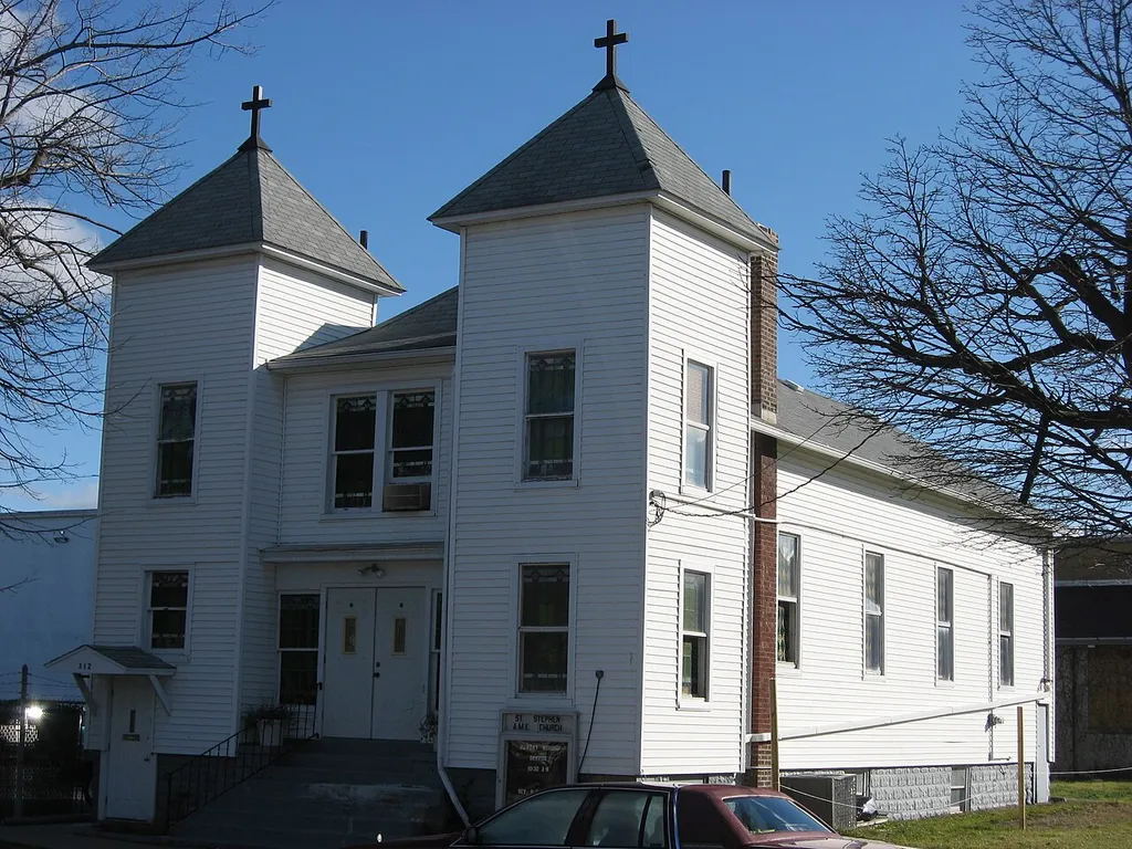 Front and southern side of St. Stephen's AME Church, located at 312 Neil Street in Sandusky, Ohio, United States. Built in 1879, it is listed on the National Register of Historic Places.