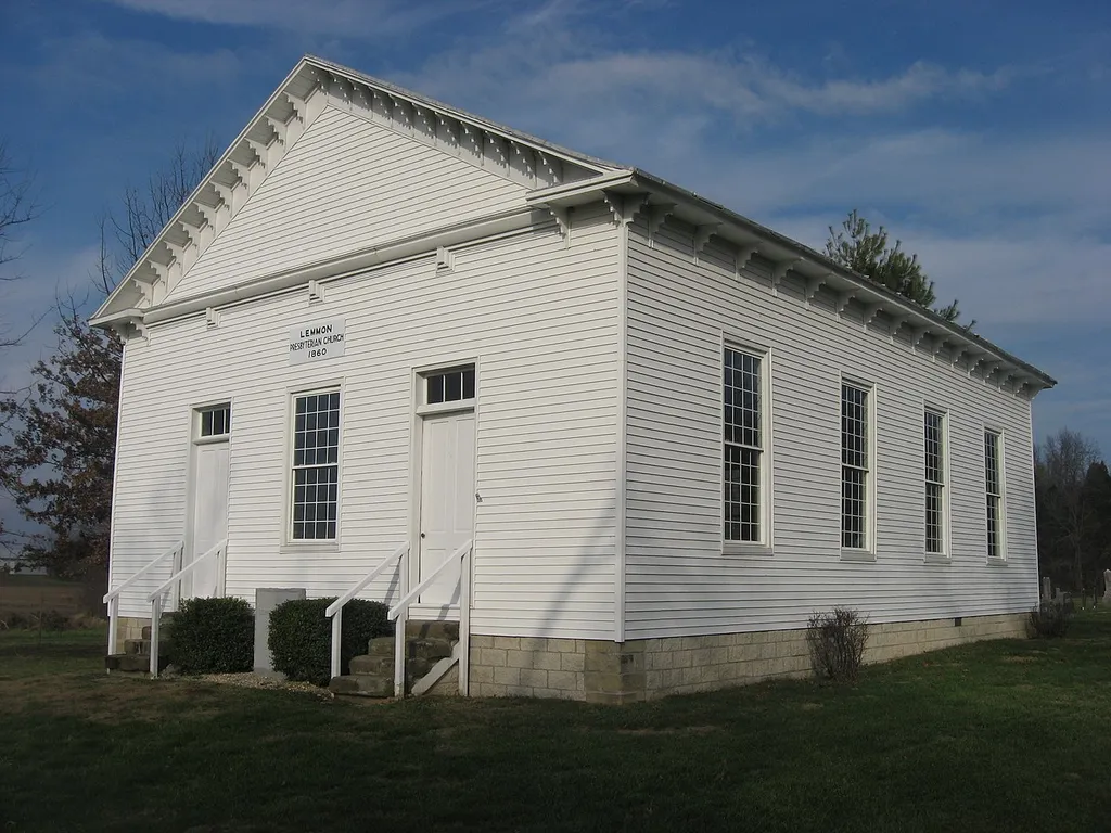 Front and eastern side of the former Lemmon Presbyterian Church, located along Portersville Road west of Portersville in Boone Township, Dubois County, Indiana, United States. Built in 1860, the church and its cemetery are listed on the National Register of Historic Places.