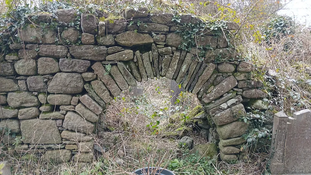 Former West entrance into Ballyneale Church. The ground level has risen with the graveyard, so that one has to duck to get in. There are several headstones within the church ruin on that side.