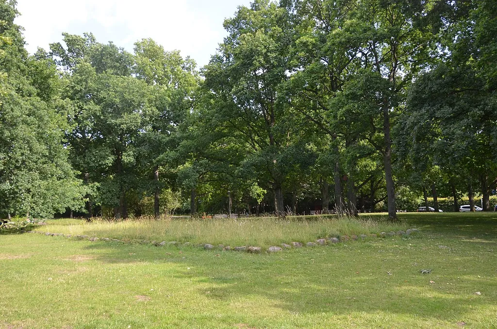 Markings with stones in the grass of Sankt Jörgens Park of earlier medivial church of Sankt Jörgens hospital,Lund, Sweden