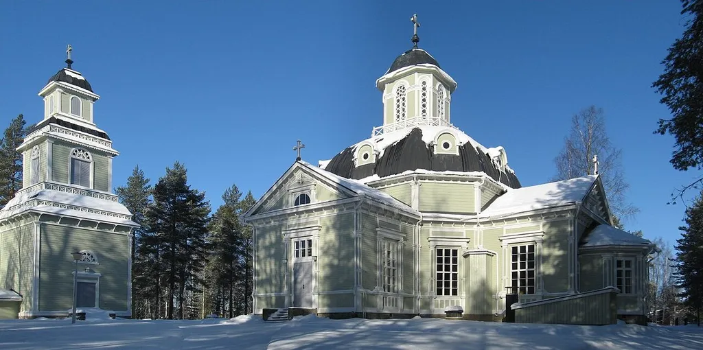 The church of Konginkangas with the belfry to the left (Feb 25, 2009) in Äänekoski, Finland
