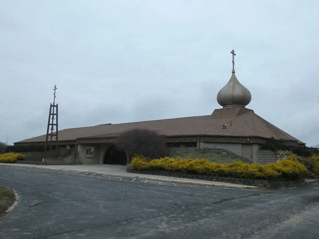 Photo showing the front corner of the St. Michael Byzantine Catholic Church in Oregon, Ohio