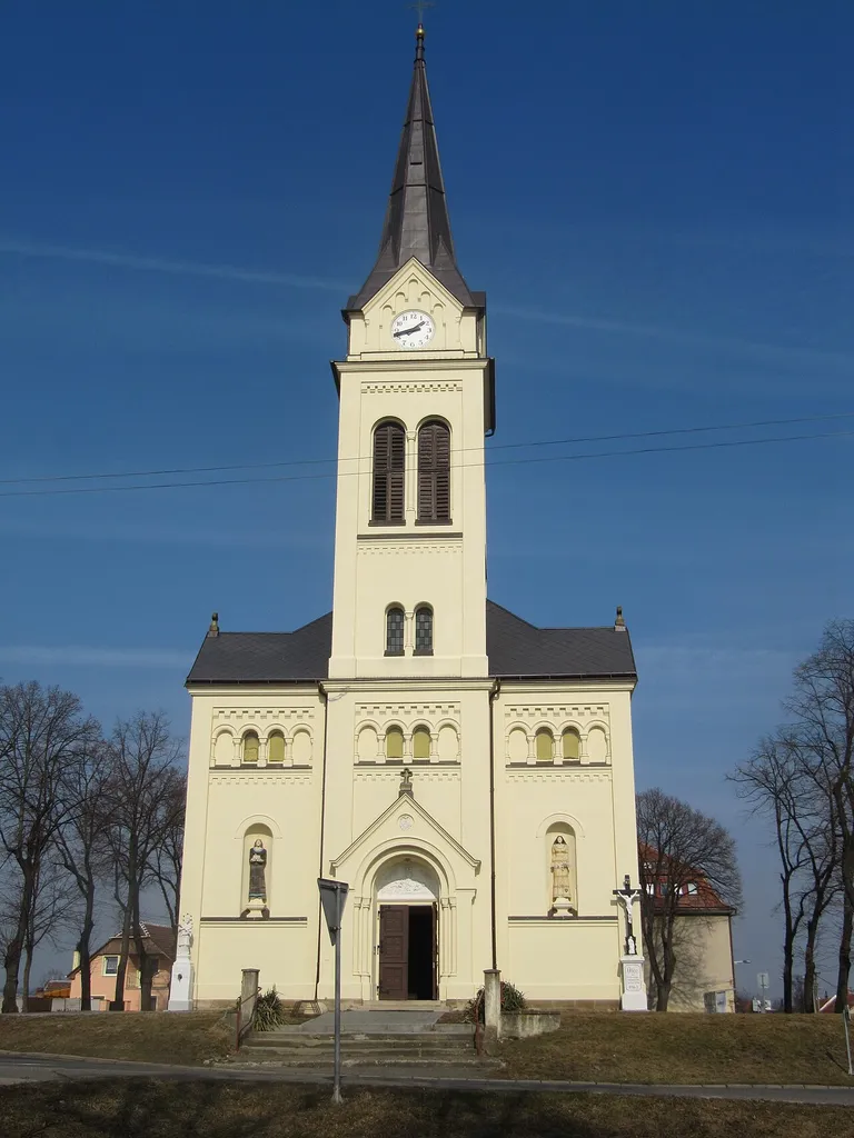 Šaratice in Vyškov District, Czech Republic. Church, front view.