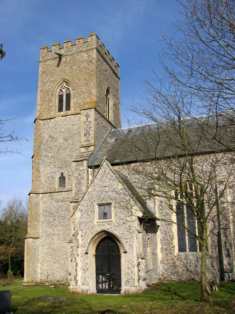 West tower and south porch of All Saints' parish church Snetterton, Norfolk, seen from the south