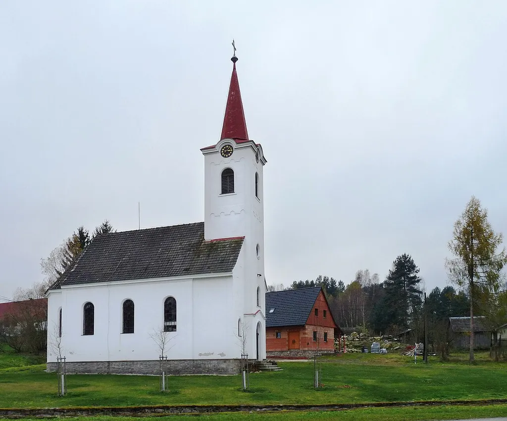 Holy Guardian Angels Church in the village of Nový Vojířov, part of the town of Nová Bystřice, Jindřichův Hradec District, South Bohemian Region, Czech Republic.