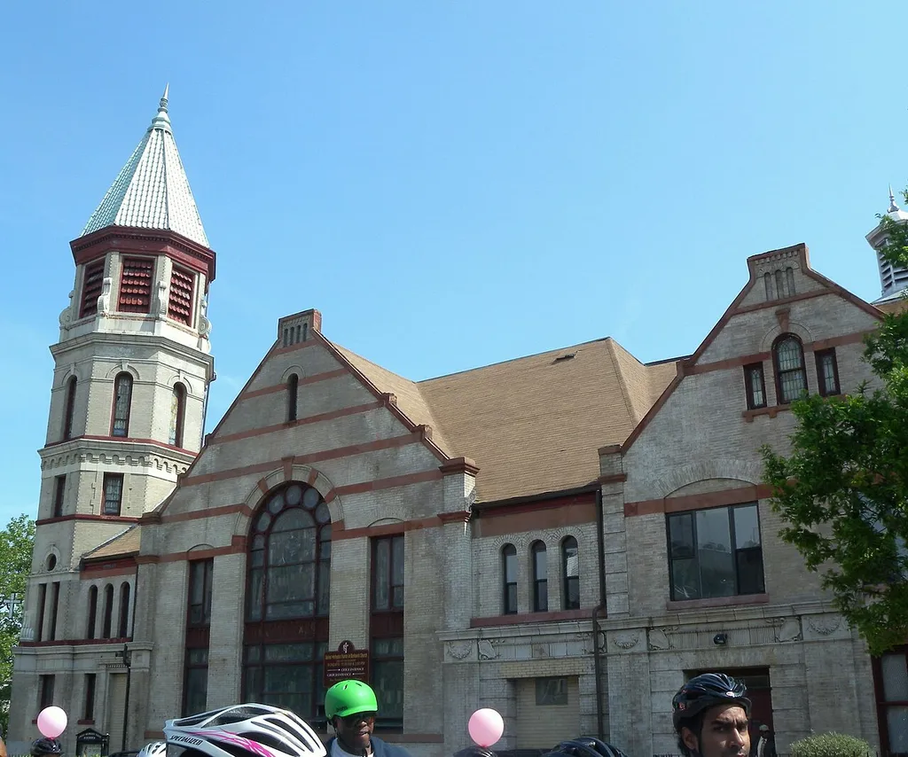 Looking north across Bushwick Avenue at Bushwick United Methodist on a sunny morning during Tour de Brooklyn.
