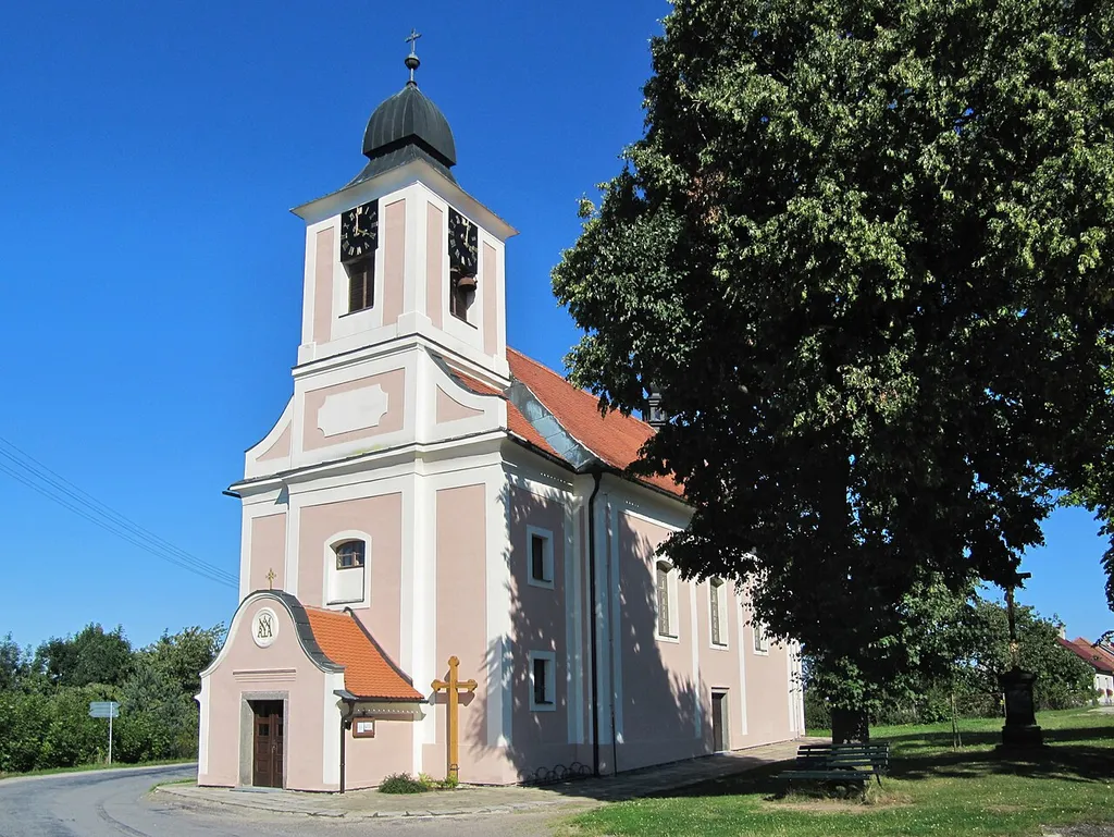 Pyšel in Třebíč District, Czech Republic. Late baroque church of St. Barbara.