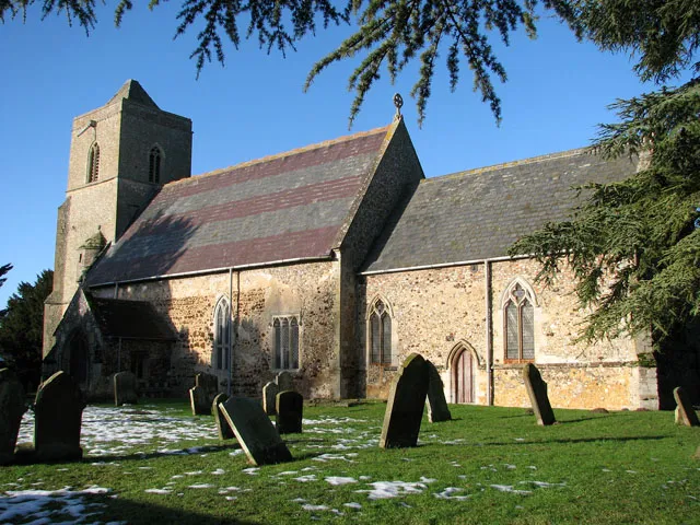 St Andrew's church. St Andrew's > 1634070 is the only one of three churches in the village which is still in use. St Mary's church > 1634138 - a couple of hundred metres further to the west - became redundant in 1976 and is now in the care of the Churches Conservation Trust. No traces remain of All Saints church > 1634114 which was situated across the road from St Andrew's. Tower and chancel of St Andrew's church were built in the 14th century, whereas the inner doorway > 1634066 dates from around 1200 and shows a merging of Norman and Gothic styles. The porch > 1634065 with its elaborate flushwork, depicting saltire crosses, was added in the 15th century. The church was restored in the 19th century and the stained glass windows > 1634080 date from that time. There are 17th century box pews on the north wall, one of them with the date 1623 carved into the door > 1634089. The simple octagonal baptismal font is C15 > 1634108. Of particular interest is the chancel > 1634076 floor in that it has retained the complete set of original 4 inch square medieval tiles, decorated with varying patterns > 1634092. And even rarer still is the 14th century piscina > 1634098 with a double drain in the floor below it, which was probably in use during the 13th century when the ritual called for piscinae with two drains. There is no other known example of this combination of two drains in the floor and one in the wall.