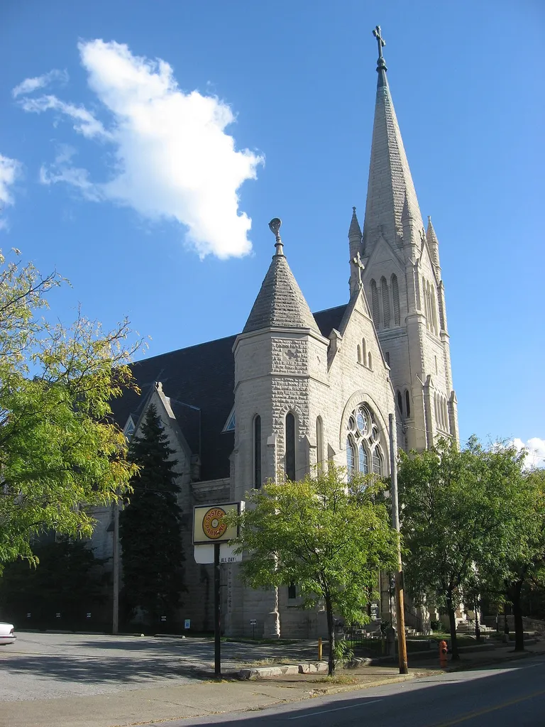 Front and northern side of Calvary Episcopal Church, located at 821 S. Fourth Street in Louisville, Kentucky, United States. Built in 1876, it is listed on the National Register of Historic Places.