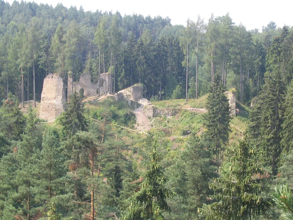 Ruin of Pořešín Castle near Kaplice, Český Krumlov District, Czech Republic. An overall view from the north.