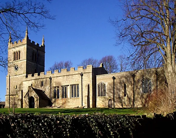 St Leonard's parish church, Scarcliffe, Derbyshire, seen from the southeast on a sunny day