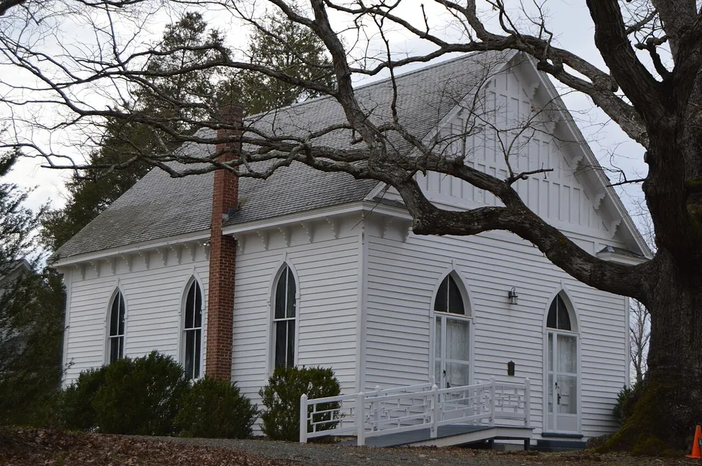 Front and southern side of Seay's Chapel Methodist Church, located at 4916 Shores Road northwest of Bremo Bluff in Fluvanna County, Virginia, United States. Built in 1893, it is listed on the National Register of Historic Places.
