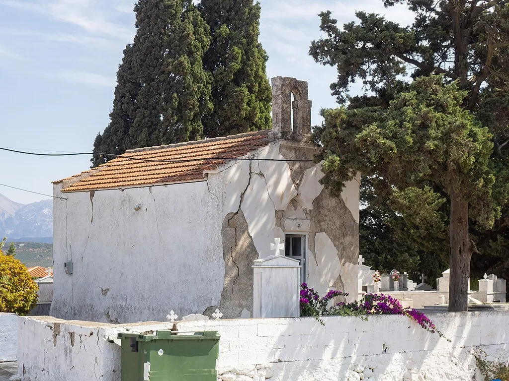 The cemetary church of Saint George at Arkalochori, Crete, that damaged as a result of the 2021 Arkalochori earthquake.