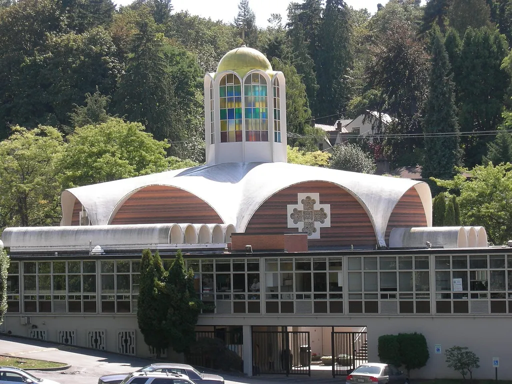 St. Demetrios Greek Orthodox Church, Montlake, Seattle, Washington, seen from near the north (Lynn Street) entrance.