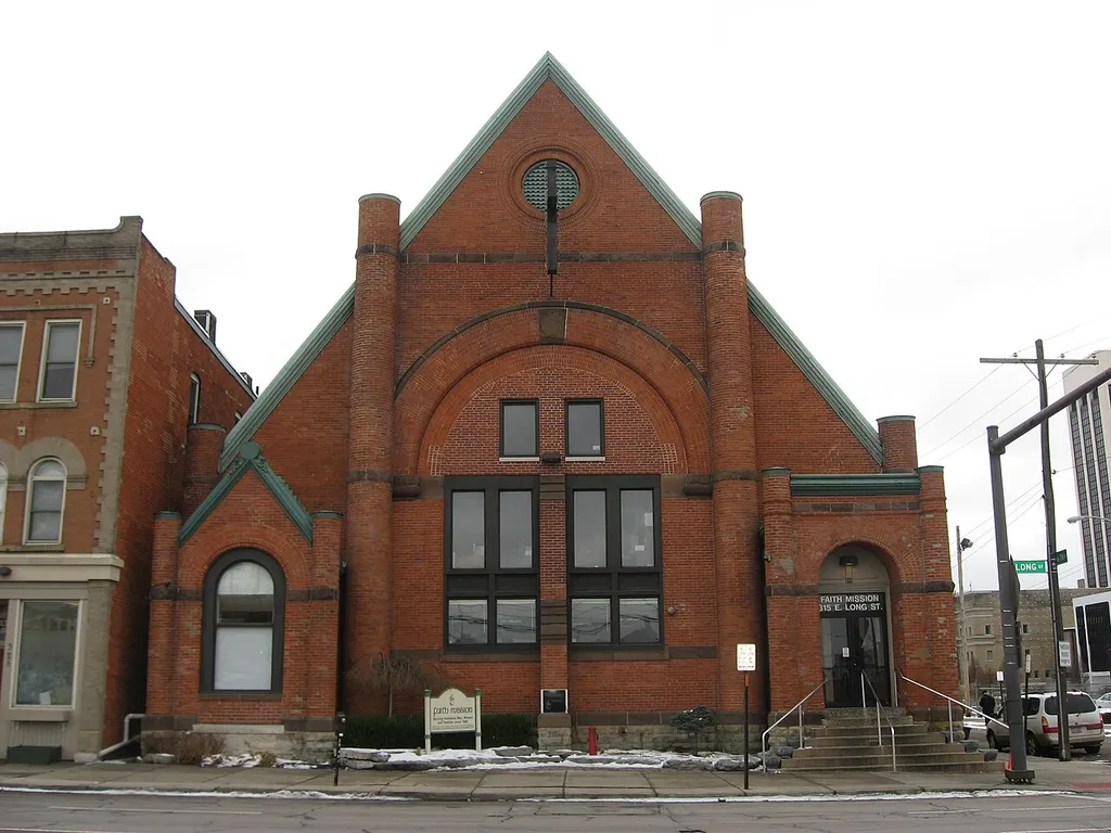 Front of the former Welsh Presbyterian Church, located at 315 E. Long Street in downtown Columbus, Ohio, United States. Built in 1887 and since converted into a homeless mission, it is listed on the National Register of Historic Places. Owner's website.