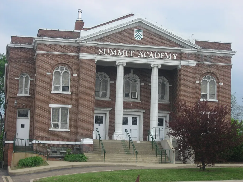 Front of the former East Market Street Church of Christ (now a school), located at 864 E. Market Street (State Route 18) in Akron, Ohio, United States. Built in 1912, it is listed on the National Register of Historic Places.