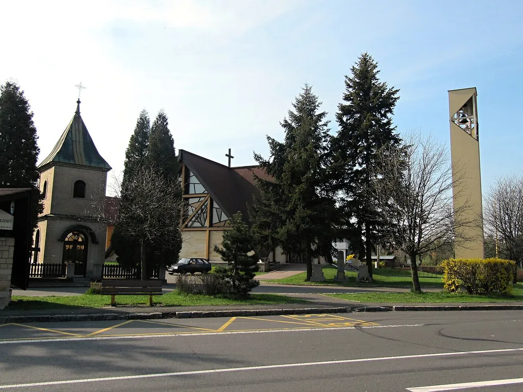 Horní Lideč in Vsetín District, Czech Republic. Jubilee Chapel, church of St. Wenceslas and a separate belfry.