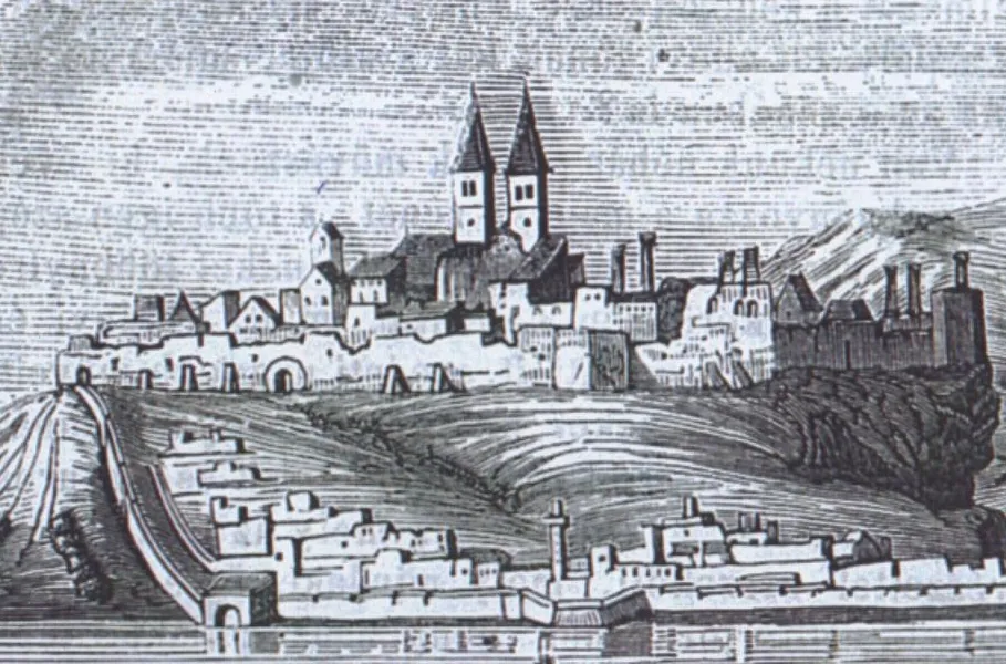 Cut-out part of an engraving showing medieval Esztergom Castle.