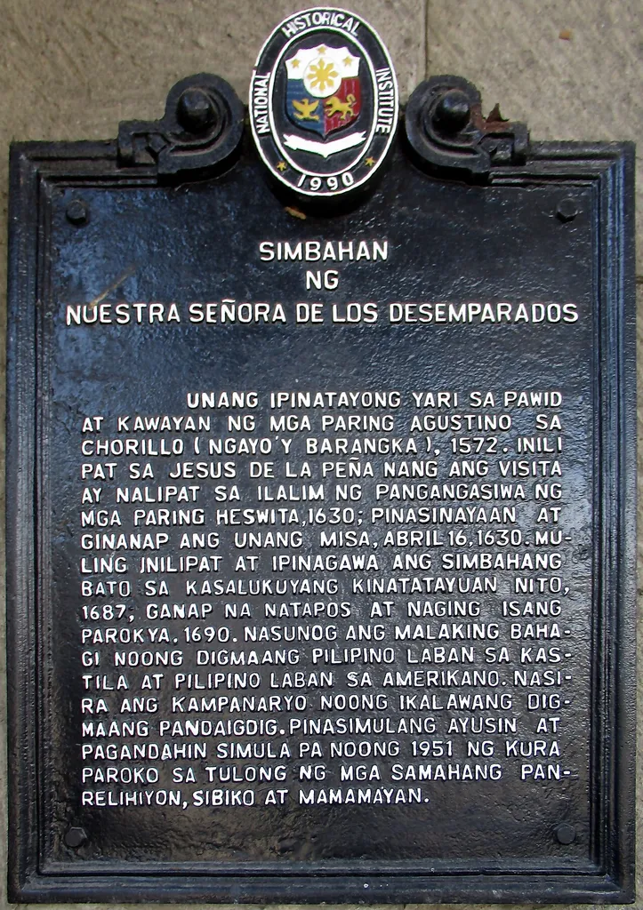 Historical marker created by the Philippines' National Historical Institute in 1990 to commemorate Our Lady of the Abandoned Parish Church in Marikina