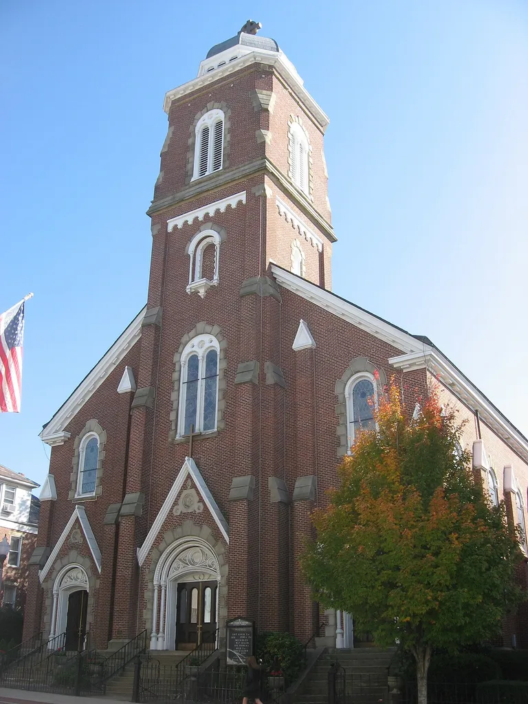 Front of St. Francis Xavier Church, located at 532 Market Street in Parkersburg, West Virginia, United States. Built in 1869, it is listed on the National Register of Historic Places.