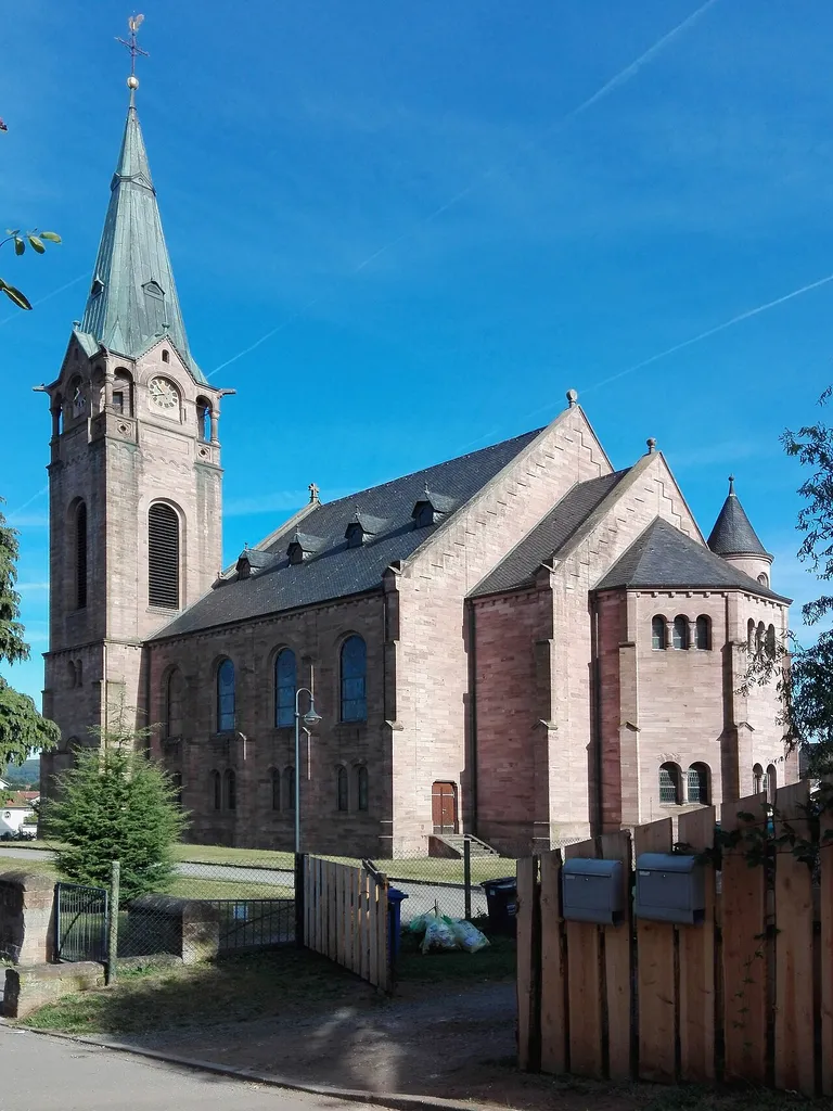 neuspätromanischer Sandsteinquaderbau, 1897/98, Architekten Ludwig Levy, Karlsruhe, und Heinrich Jester, Speyer